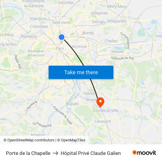 Porte de la Chapelle to Hôpital Privé Claude Galien map