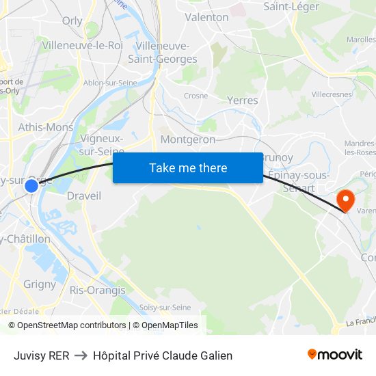 Juvisy RER to Hôpital Privé Claude Galien map