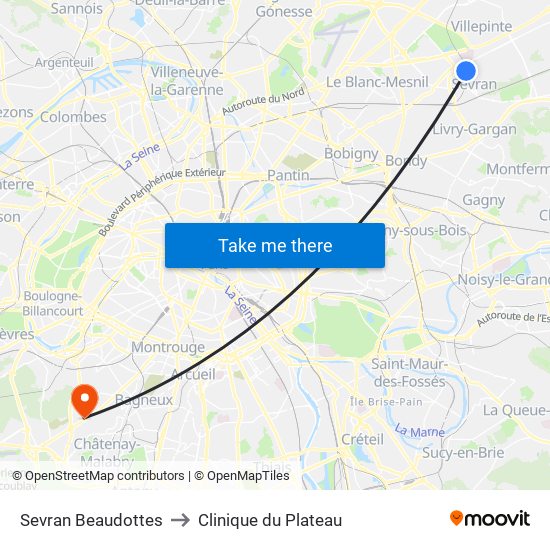 Sevran Beaudottes to Clinique du Plateau map