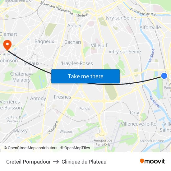 Créteil Pompadour to Clinique du Plateau map
