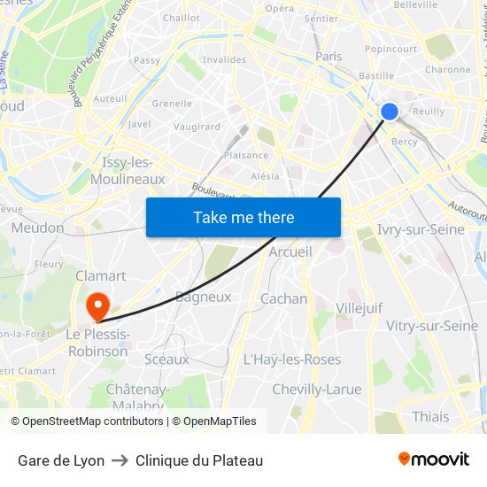 Gare de Lyon to Clinique du Plateau map
