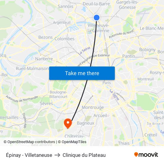 Épinay - Villetaneuse to Clinique du Plateau map
