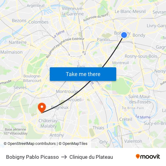 Bobigny Pablo Picasso to Clinique du Plateau map