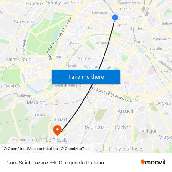 Gare Saint-Lazare to Clinique du Plateau map