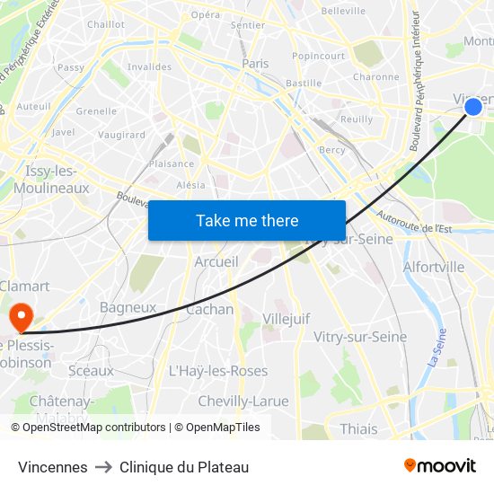 Vincennes to Clinique du Plateau map