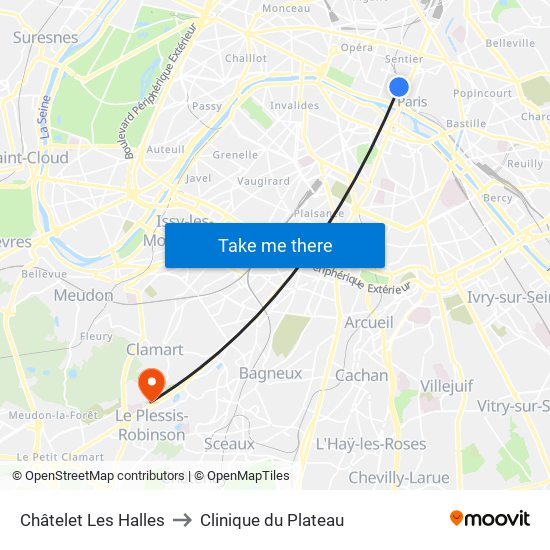 Châtelet Les Halles to Clinique du Plateau map