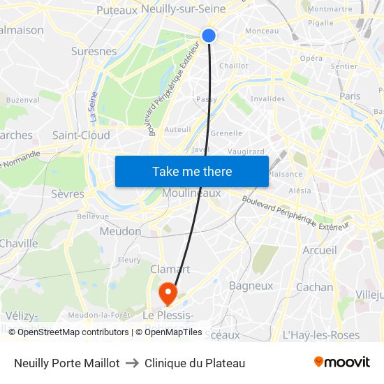 Neuilly Porte Maillot to Clinique du Plateau map