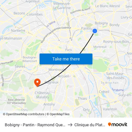 Bobigny - Pantin - Raymond Queneau to Clinique du Plateau map