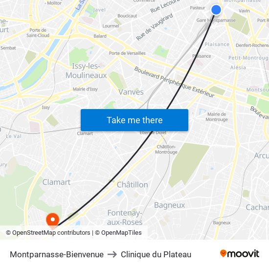 Montparnasse-Bienvenue to Clinique du Plateau map