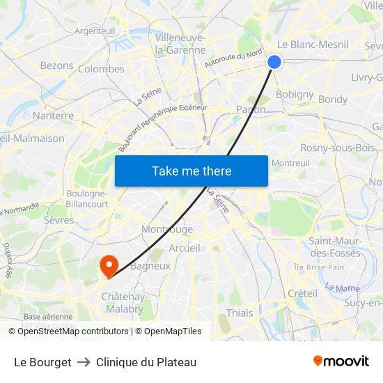 Le Bourget to Clinique du Plateau map