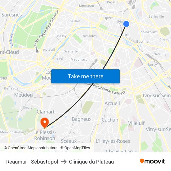 Réaumur - Sébastopol to Clinique du Plateau map