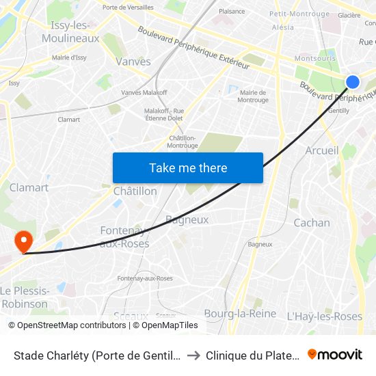 Stade Charléty (Porte de Gentilly) to Clinique du Plateau map