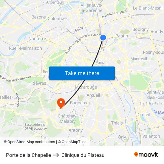 Porte de la Chapelle to Clinique du Plateau map