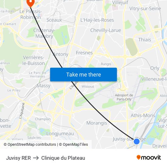 Juvisy RER to Clinique du Plateau map