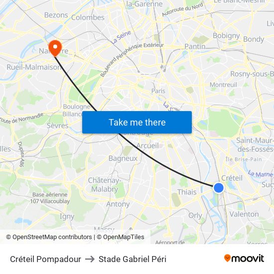 Créteil Pompadour to Stade Gabriel Péri map