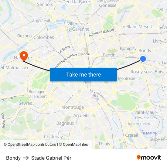 Bondy to Stade Gabriel Péri map