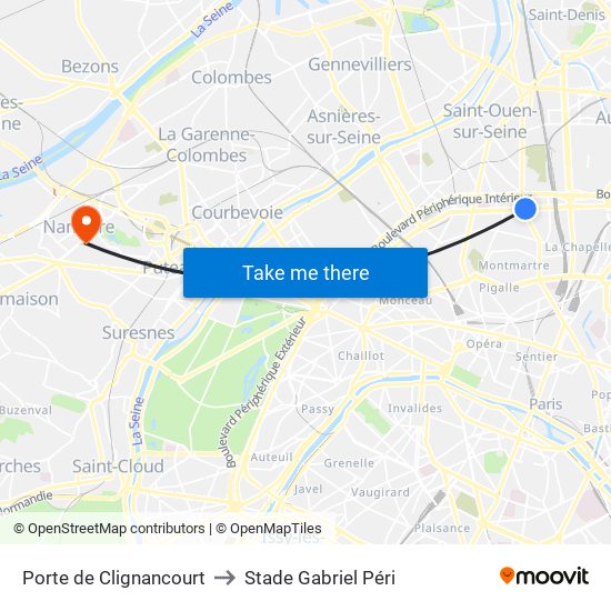 Porte de Clignancourt to Stade Gabriel Péri map