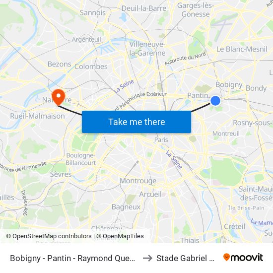 Bobigny - Pantin - Raymond Queneau to Stade Gabriel Péri map