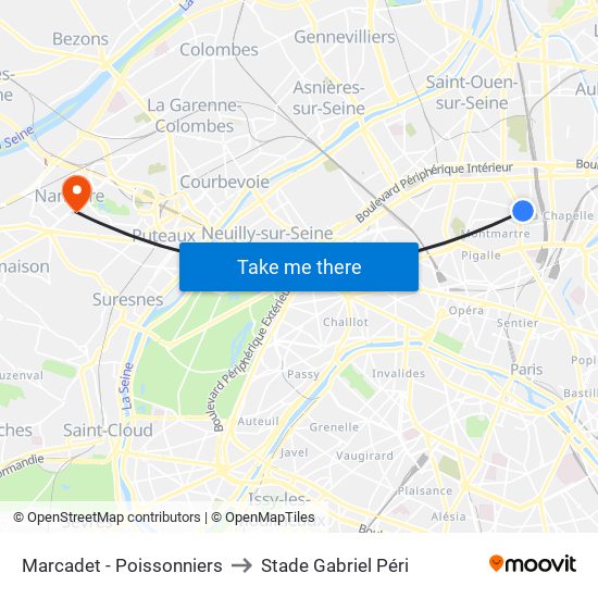 Marcadet - Poissonniers to Stade Gabriel Péri map
