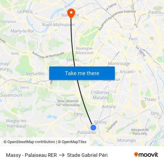 Massy - Palaiseau RER to Stade Gabriel Péri map