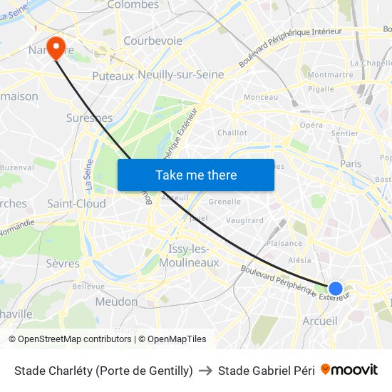 Stade Charléty (Porte de Gentilly) to Stade Gabriel Péri map