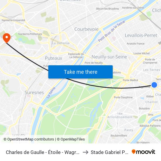 Charles de Gaulle - Étoile - Wagram to Stade Gabriel Péri map