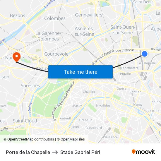 Porte de la Chapelle to Stade Gabriel Péri map