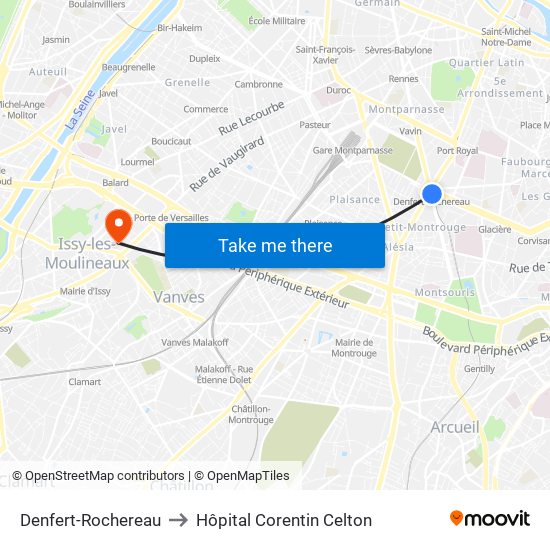 Denfert-Rochereau to Hôpital Corentin Celton map
