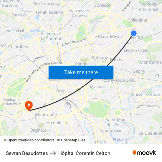 Sevran Beaudottes to Hôpital Corentin Celton map