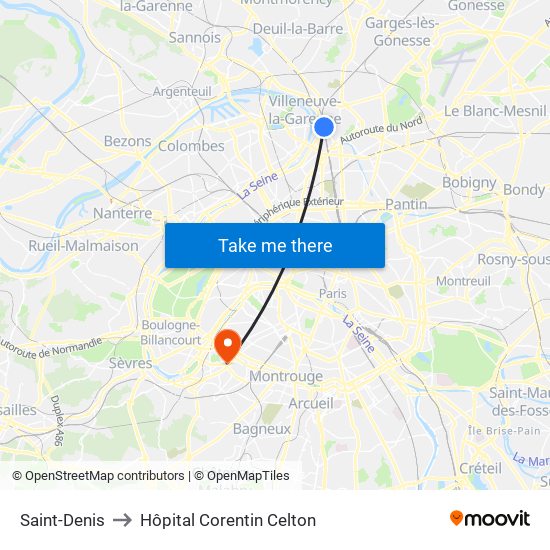 Saint-Denis to Hôpital Corentin Celton map