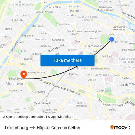 Luxembourg to Hôpital Corentin Celton map