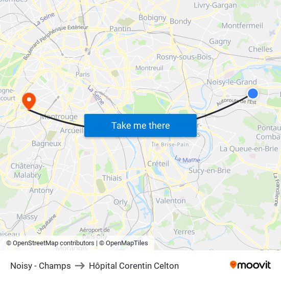 Noisy - Champs to Hôpital Corentin Celton map