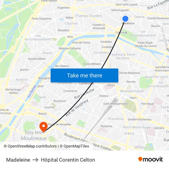 Madeleine to Hôpital Corentin Celton map