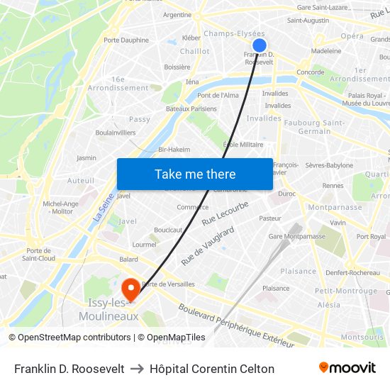 Franklin D. Roosevelt to Hôpital Corentin Celton map
