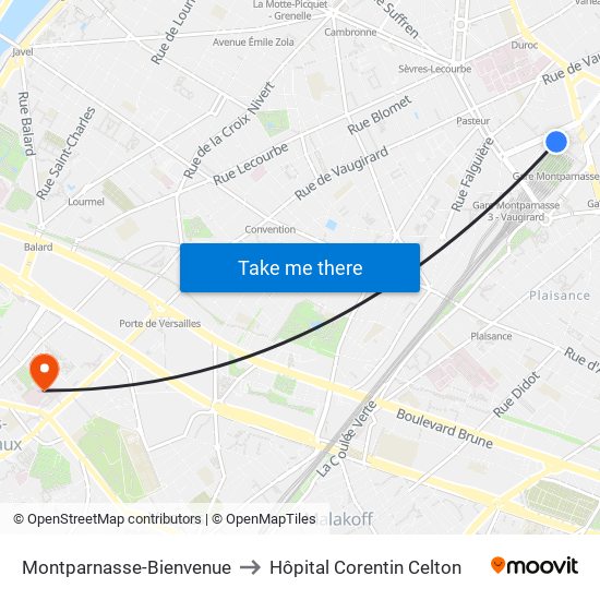 Montparnasse-Bienvenue to Hôpital Corentin Celton map