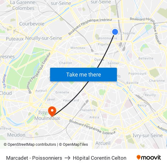 Marcadet - Poissonniers to Hôpital Corentin Celton map