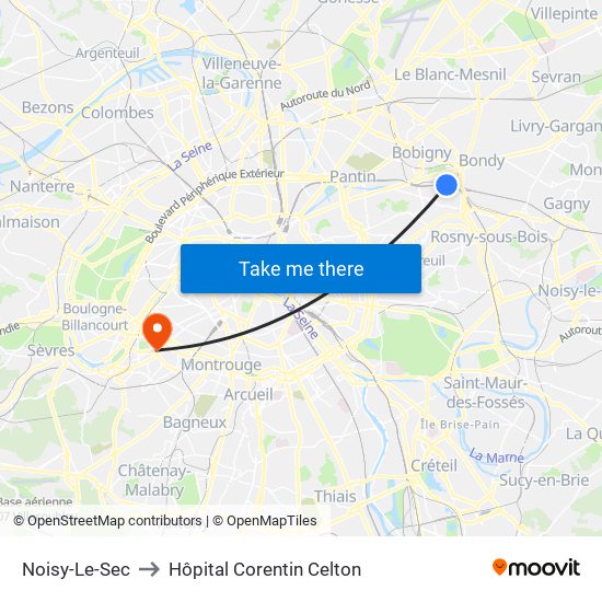 Noisy-Le-Sec to Hôpital Corentin Celton map