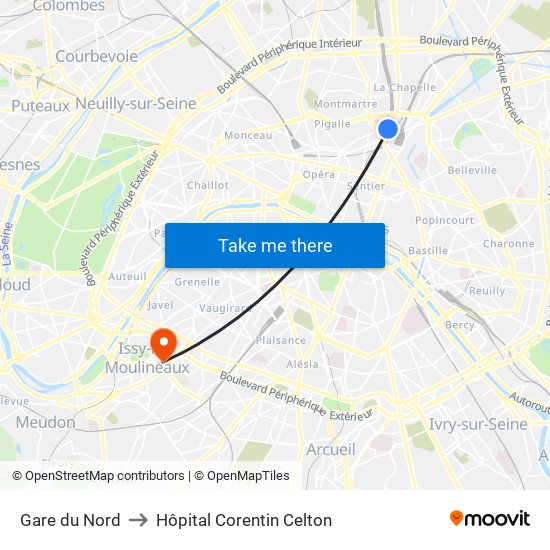 Gare du Nord to Hôpital Corentin Celton map