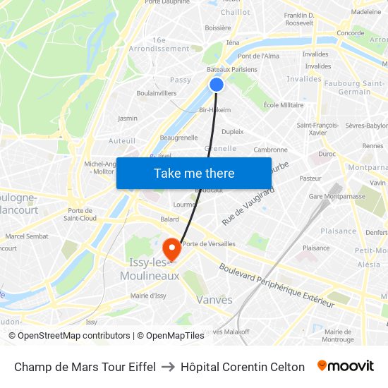 Champ de Mars Tour Eiffel to Hôpital Corentin Celton map