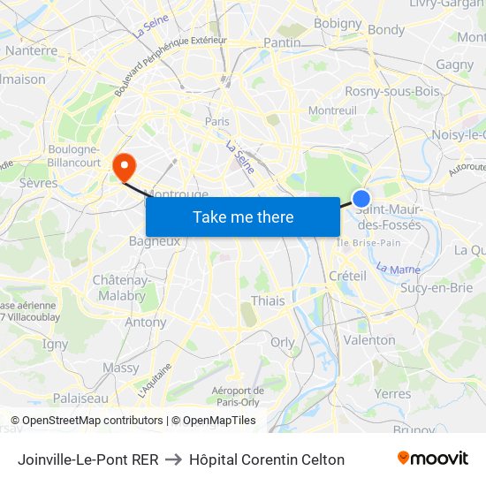 Joinville-Le-Pont RER to Hôpital Corentin Celton map