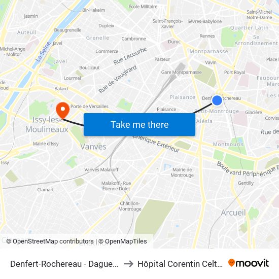 Denfert-Rochereau - Daguerre to Hôpital Corentin Celton map