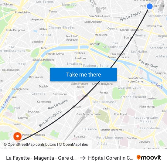 La Fayette - Magenta - Gare du Nord to Hôpital Corentin Celton map