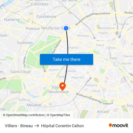 Villiers - Bineau to Hôpital Corentin Celton map
