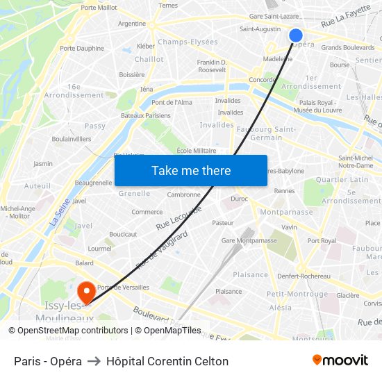Paris - Opéra to Hôpital Corentin Celton map