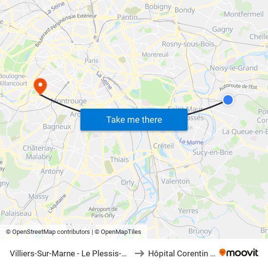 Villiers-Sur-Marne - Le Plessis-Trévise RER to Hôpital Corentin Celton map