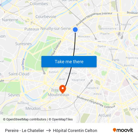 Pereire - Le Chatelier to Hôpital Corentin Celton map