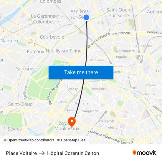 Place Voltaire to Hôpital Corentin Celton map