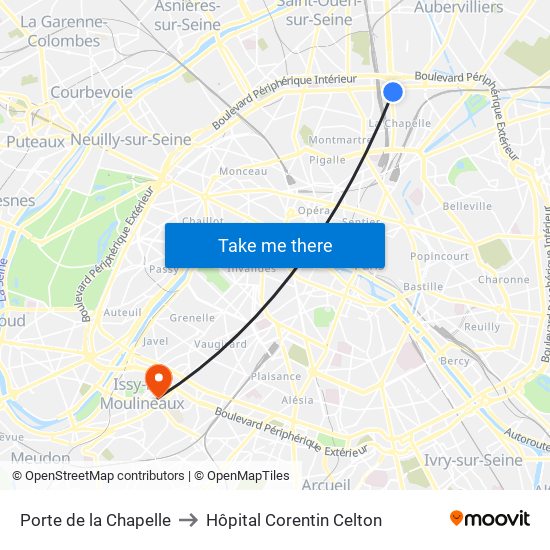 Porte de la Chapelle to Hôpital Corentin Celton map