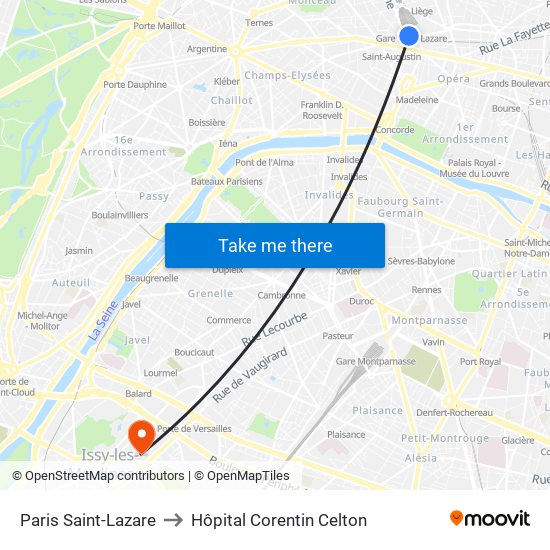 Paris Saint-Lazare to Hôpital Corentin Celton map