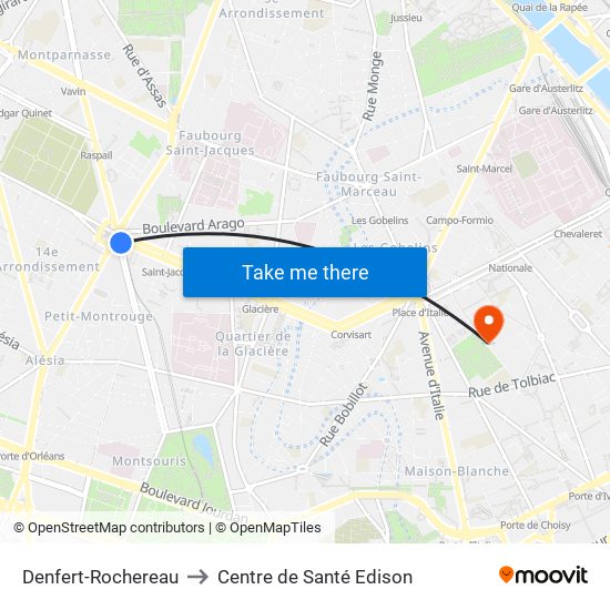 Denfert-Rochereau to Centre de Santé Edison map